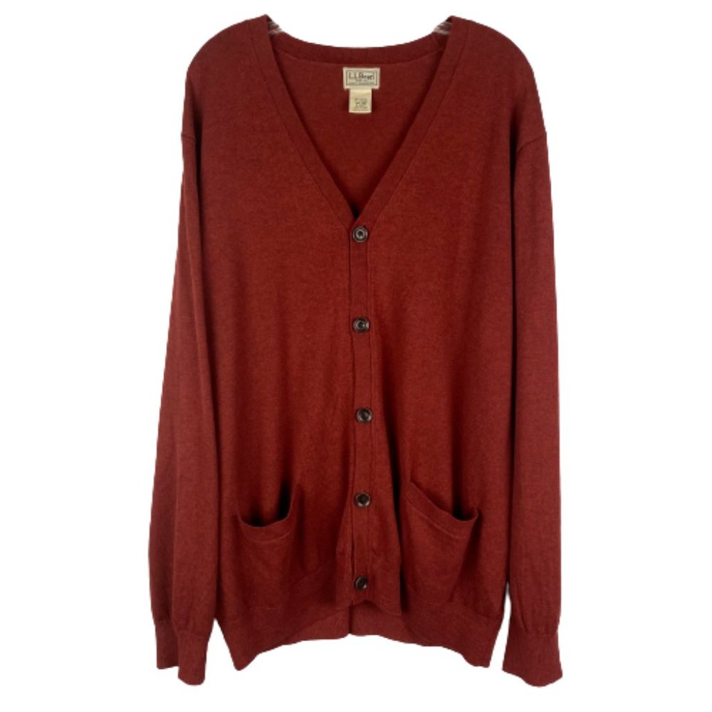 Vintage L.L Bean Grandpa Sweater Button Front V-Neck Pockets Rust